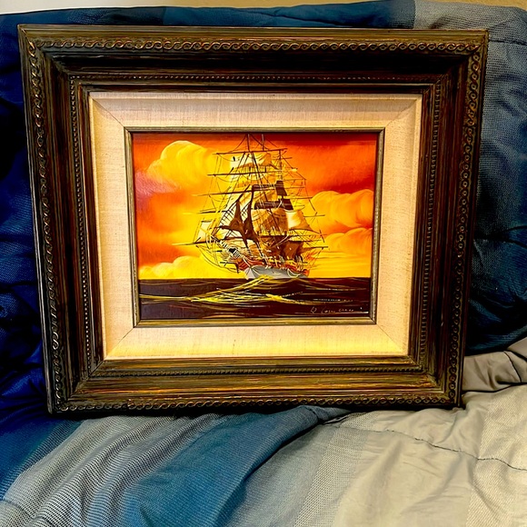Vintage Oil Painting "On Wood" - Sailing the Caribbean Sunset, the size is 16x18 - Picture 1 of 4